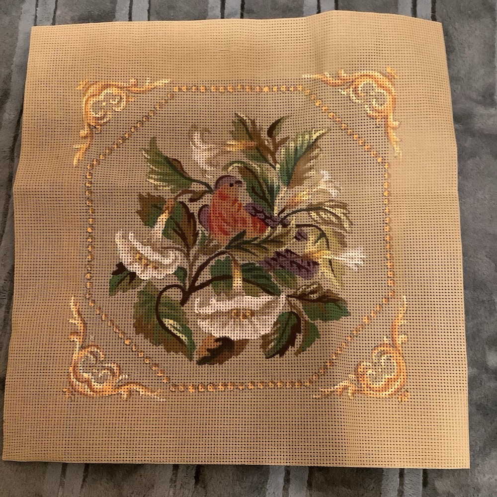 Annie Bouquet French Petit Point Needlepoint Pillow Canvas Bird Floral 15x15